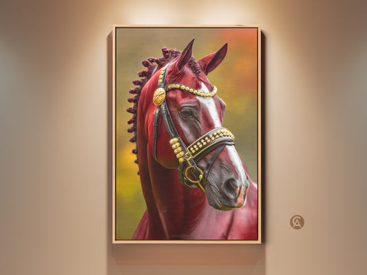 Equestrian Horse head art print. Realistic horse portrait on canvas. Features a maroon and gold bridle. Ideal traditional home decor for horse enthusiasts. This horse artwork adds a touch of sophistication to any space.