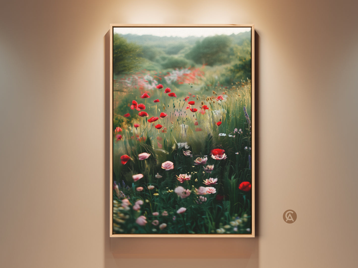 Framed wildflower art print featuring an impressionistic poppy field landscape. This canvas artwork showcases red and pink floral art. Perfect boho home decor or a thoughtful housewarming gift.