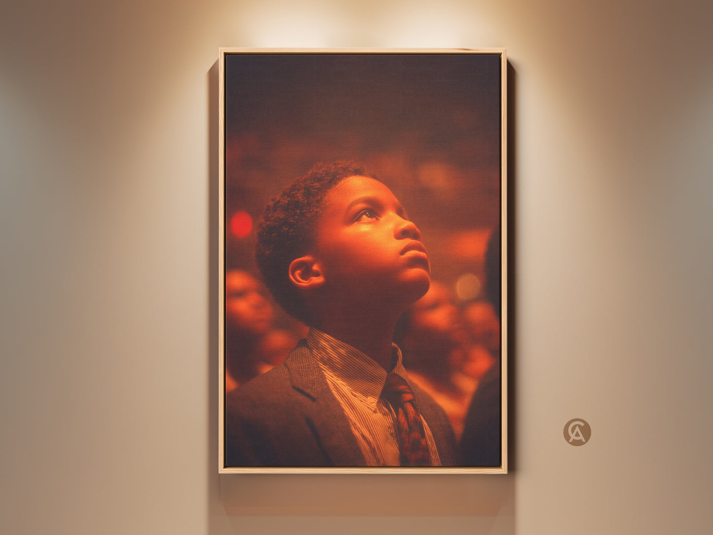 Eye-level framed artwork of a young boy looking up. The art has a spotlight on it. The artwork provides a sense of hope and wonder. Perfect art for home or office. A great conversation starter.