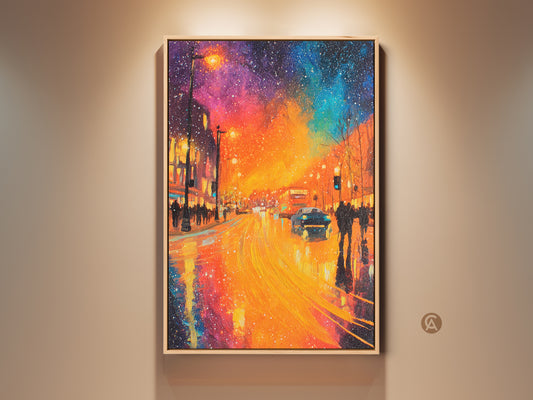 Experience the captivating allure of city life with this street art. Golden light reflects off rain-slicked streets. A burst of colors illuminates the night sky. Pedestrians and vehicles create a lively urban scene. Perfect for adding a touch of urban sophistication to any space. Shop now for framed canvas art poster prints.