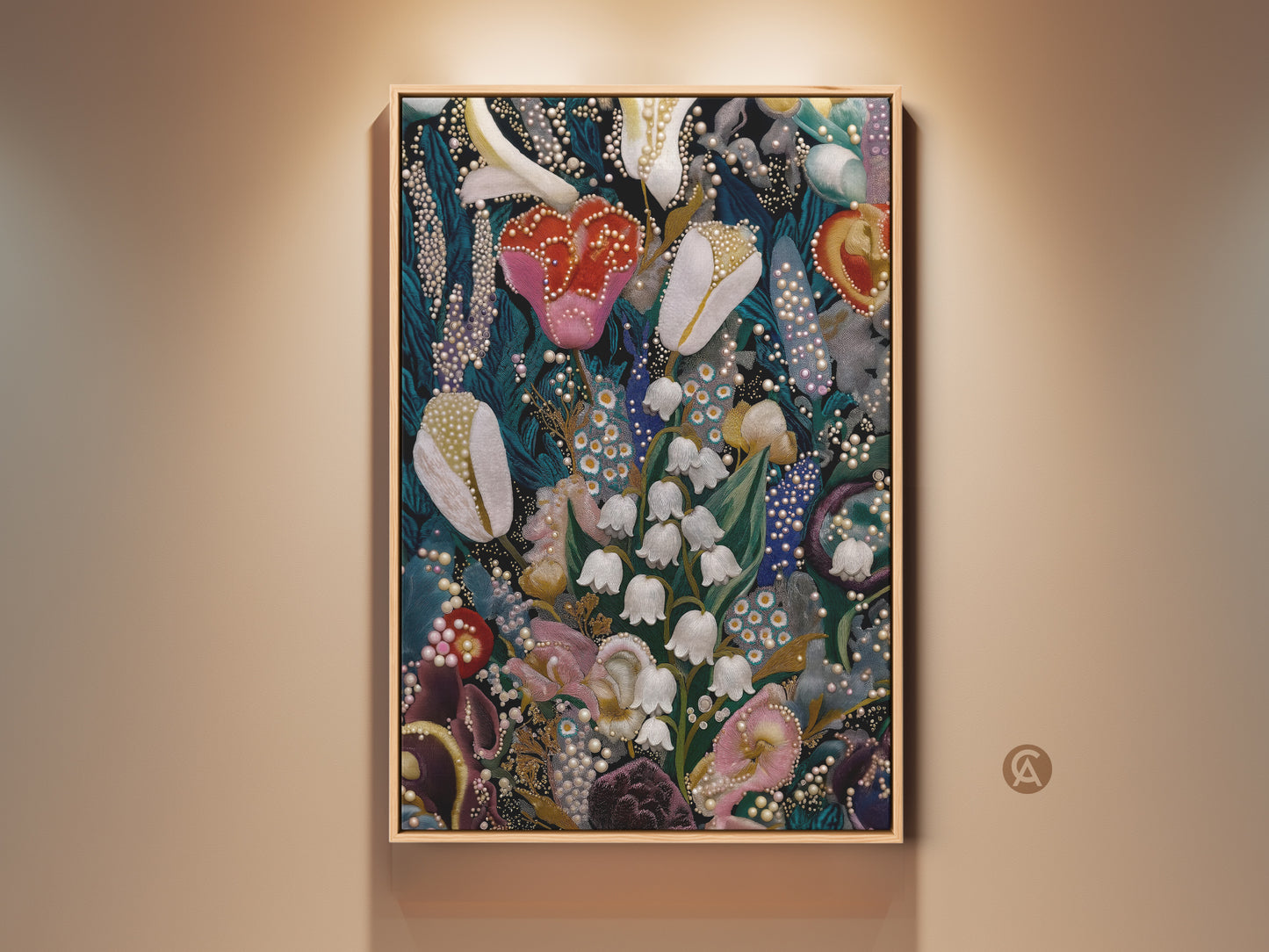 Floral Wall Art Print featuring Lily of the Valley and Tulips. This botanical artwork has deep green pink and teal hues. It's an eclectic embroidery-style canvas perfect for unique home decor. Add artistic charm to any room with this nature inspired piece. Great gift for plant enthusiasts seeking garden floral artwork.