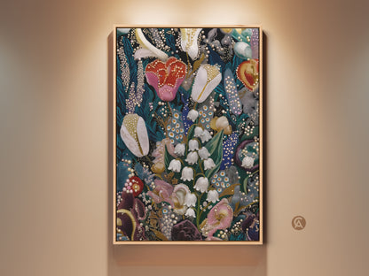 Floral Wall Art Print featuring Lily of the Valley and Tulips. This botanical artwork has deep green pink and teal hues. It's an eclectic embroidery-style canvas perfect for unique home decor. Add artistic charm to any room with this nature inspired piece. Great gift for plant enthusiasts seeking garden floral artwork.