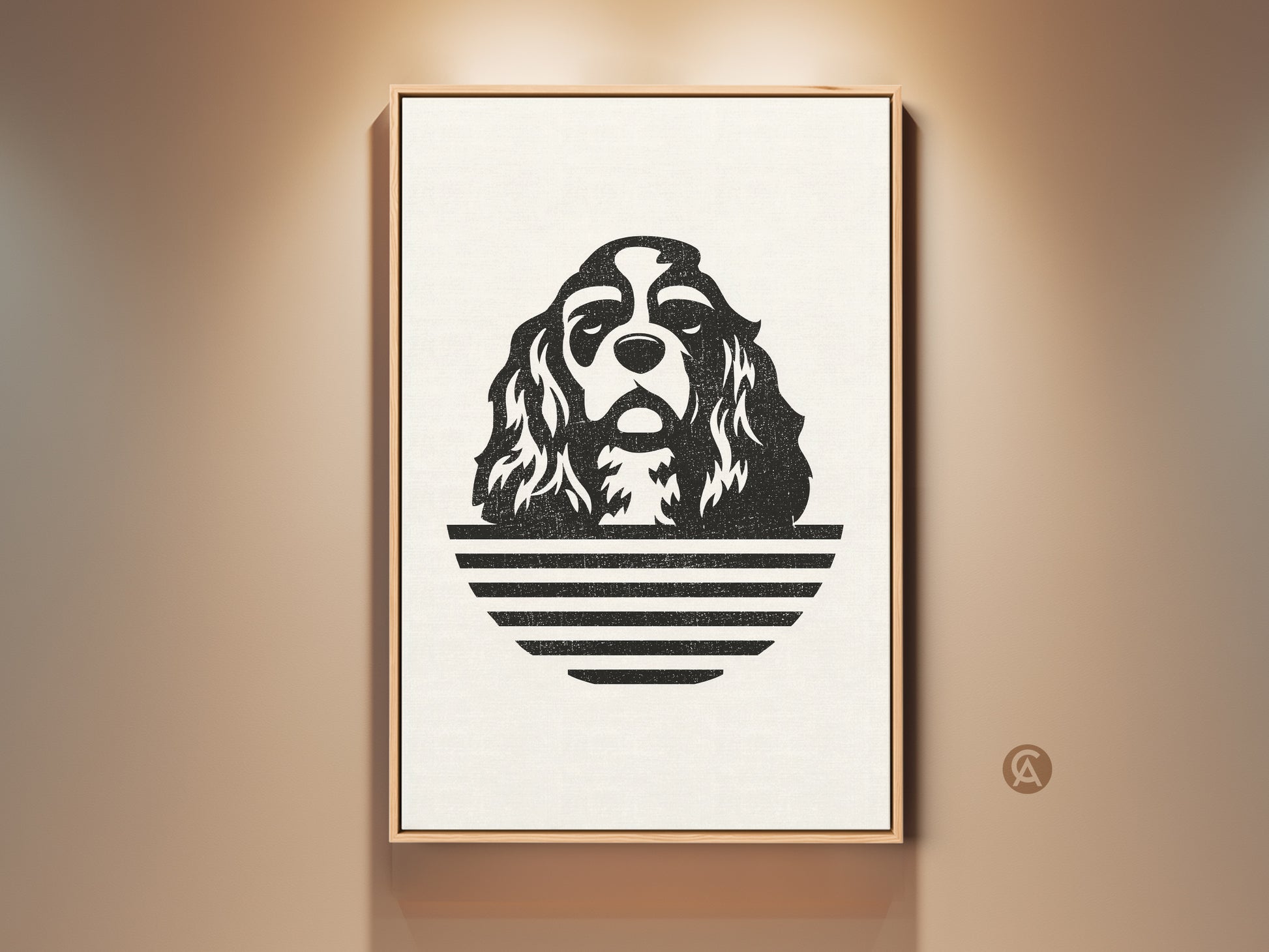 Modern Cavalier King Charles Spaniel art print in a light wood frame. Black and white dog line art is on display. This pet portrait adds a contemporary touch to wall decor. A unique housewarming gift idea.