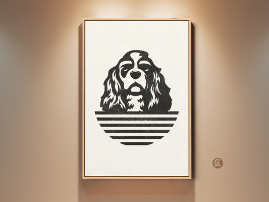 Modern Cavalier King Charles Spaniel art print in a light wood frame. Black and white dog line art is on display. This pet portrait adds a contemporary touch to wall decor. A unique housewarming gift idea.