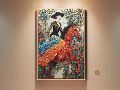 Eclectic mosaic horse rider canvas print. The red orange and gold artwork features a woman on a horse. This equestrian wall decor is a unique home gift idea. Perfect fine art horse print for equestrian home decor. It's a luxurious and patterned horse artwork.