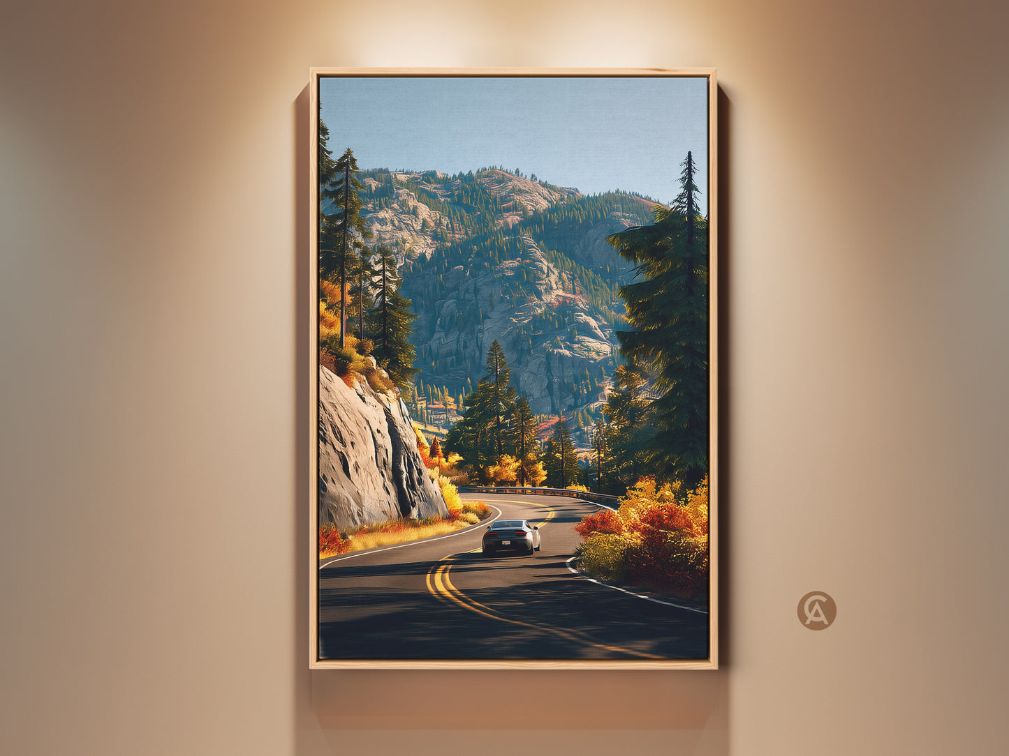 A scenic mountain road canvas print. A car drives on a winding road through autumn foliage. The artwork captures the beauty of nature. Perfect wall decor for living room or bedroom. A great gift for road trip lovers. Modern farmhouse style with green and blue hues.