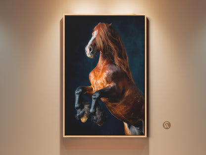 Equine Rearing Horse Canvas Art Print. Brown animal wildlife wall decor for contemporary homes. A gift for horse lovers who appreciate equestrian themed artwork in entry halls or ranch style homes. This photorealistic horse art adds a bold touch