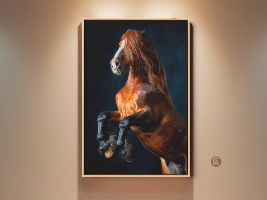 Equine Rearing Horse Canvas Art Print. Brown animal wildlife wall decor for contemporary homes. A gift for horse lovers who appreciate equestrian themed artwork in entry halls or ranch style homes. This photorealistic horse art adds a bold touch