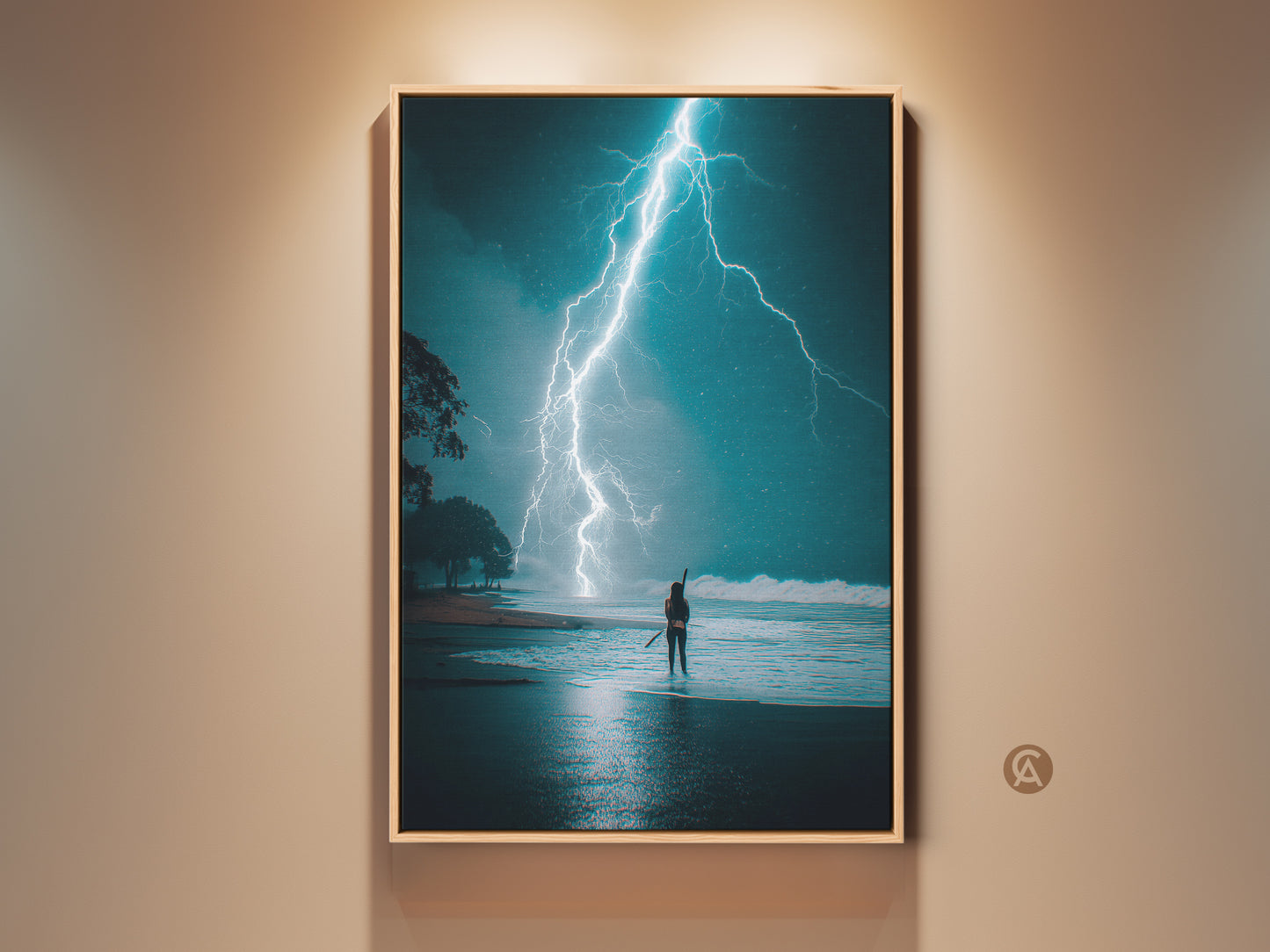 Framed electric blue ocean storm canvas print. It shows surreal surfer art in a contemporary style. Perfect wall decor for a bedroom. The artwork captures a lightning strike over the water. It's modern coastal art for adventure seekers. This print enhances any room with its dramatic sky and epic wave.
