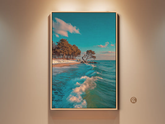 Teal blue ocean wave artwork on canvas in a wood frame. Coastal beach landscape art print features seaside trees. This artwork is perfect for living rooms or bedrooms. The framed canvas enhances the serene beach view. A great housewarming gift for beach lovers. Enjoy the calming effect of this nautical wall art.
