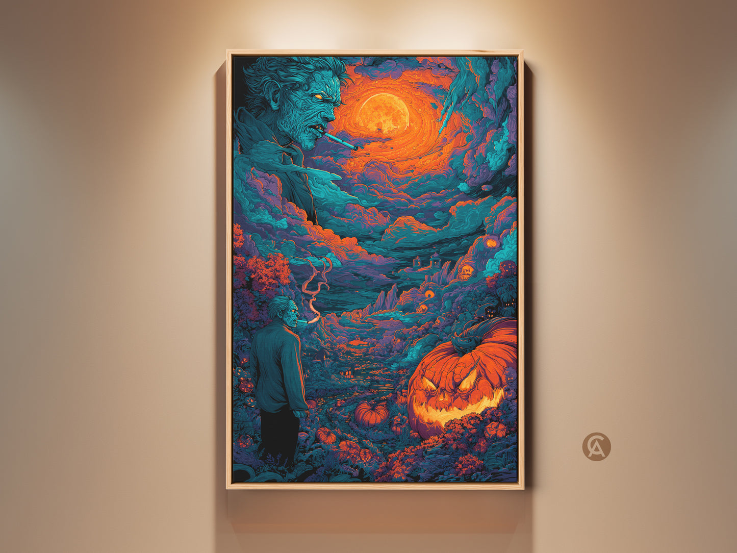 A captivating framed artwork piece. It features a haunting Halloween night scene. A chilling zombie and glowing jack-o-lantern take center stage. Perfect for spooky season decorations. It is available as framed canvas or a poster print.