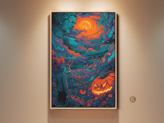 A captivating framed artwork piece. It features a haunting Halloween night scene. A chilling zombie and glowing jack-o-lantern take center stage. Perfect for spooky season decorations. It is available as framed canvas or a poster print.