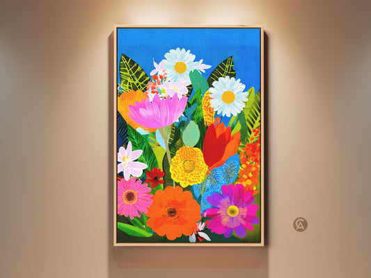 Framed botanical floral art print on a wall. This colorful flower canvas wall art features a modern folk style. It's eclectic home decor bringing vibrant colors to any bedroom. The art is a mix of blues pinks and greens for plant lovers.