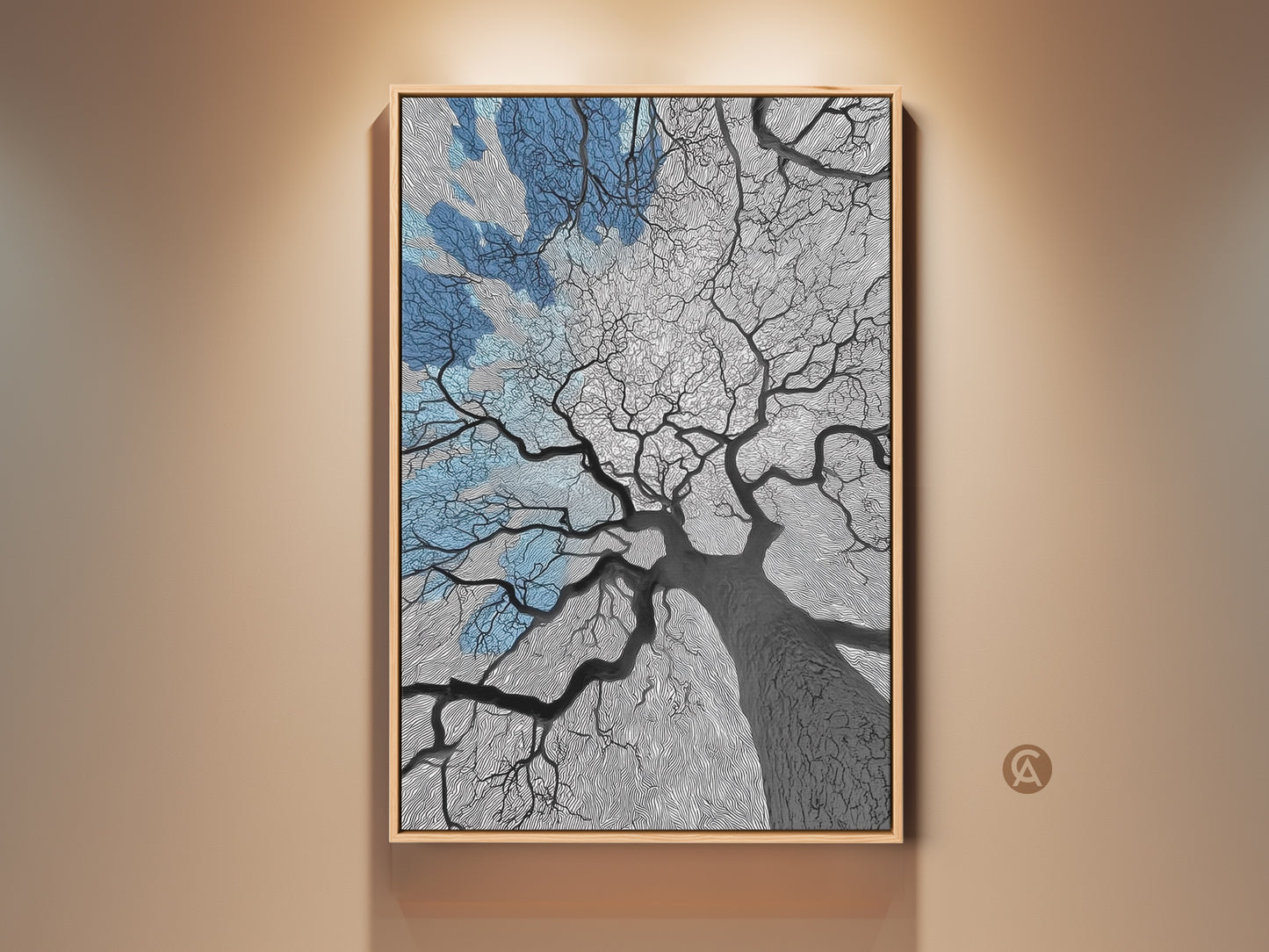 Modern art print of an oak tree against a blue sky. This framed canvas artwork brings nature indoors. The abstract art style and monochrome palette create a sophisticated look. It's perfect for bedroom wall decor or as a thoughtful housewarming gift. The oak frame enhances the contemporary feel of this unique print.