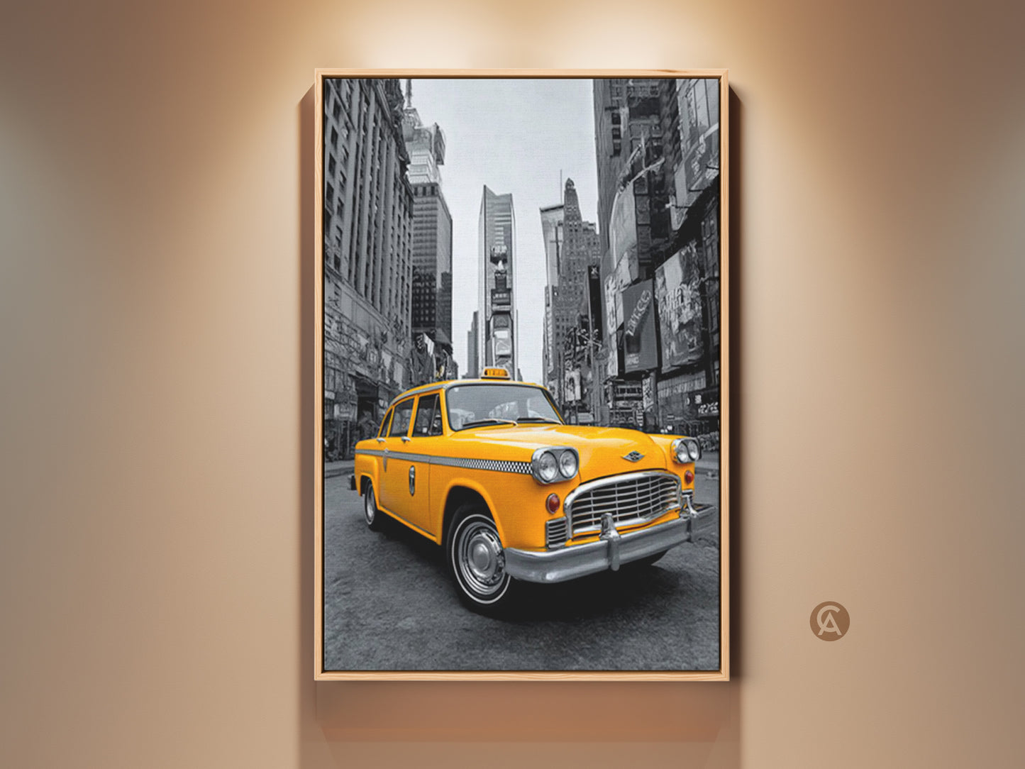 This artwork features a vibrant yellow taxi in a black and white cityscape. The canvas art is framed adding a touch of elegance. Perfect wall decor for city lovers. The iconic New York cab creates a striking focal point. Add urban charm to your space with this taxi art print.