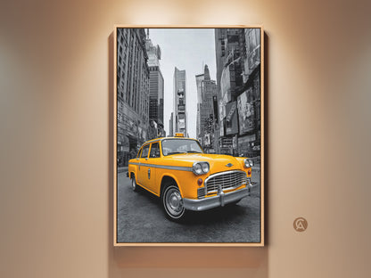 This artwork features a vibrant yellow taxi in a black and white cityscape. The canvas art is framed adding a touch of elegance. Perfect wall decor for city lovers. The iconic New York cab creates a striking focal point. Add urban charm to your space with this taxi art print.