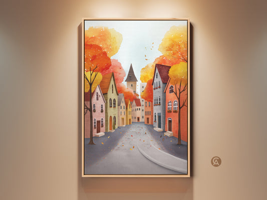 Charming Autumn street scene artwork in a framed canvas. This watercolor art print features cozy cottagecore houses and colorful fall trees. A perfect housewarming gift for bedroom or living room fall decor.