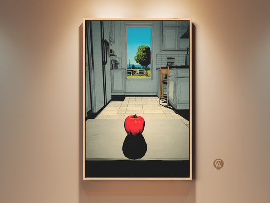 An apple sits on a table in a kitchen. Through the window is a gorgeous summer day. This still life artwork brings a modern yet classic feel to any room. Buy stretched canvas prints online.