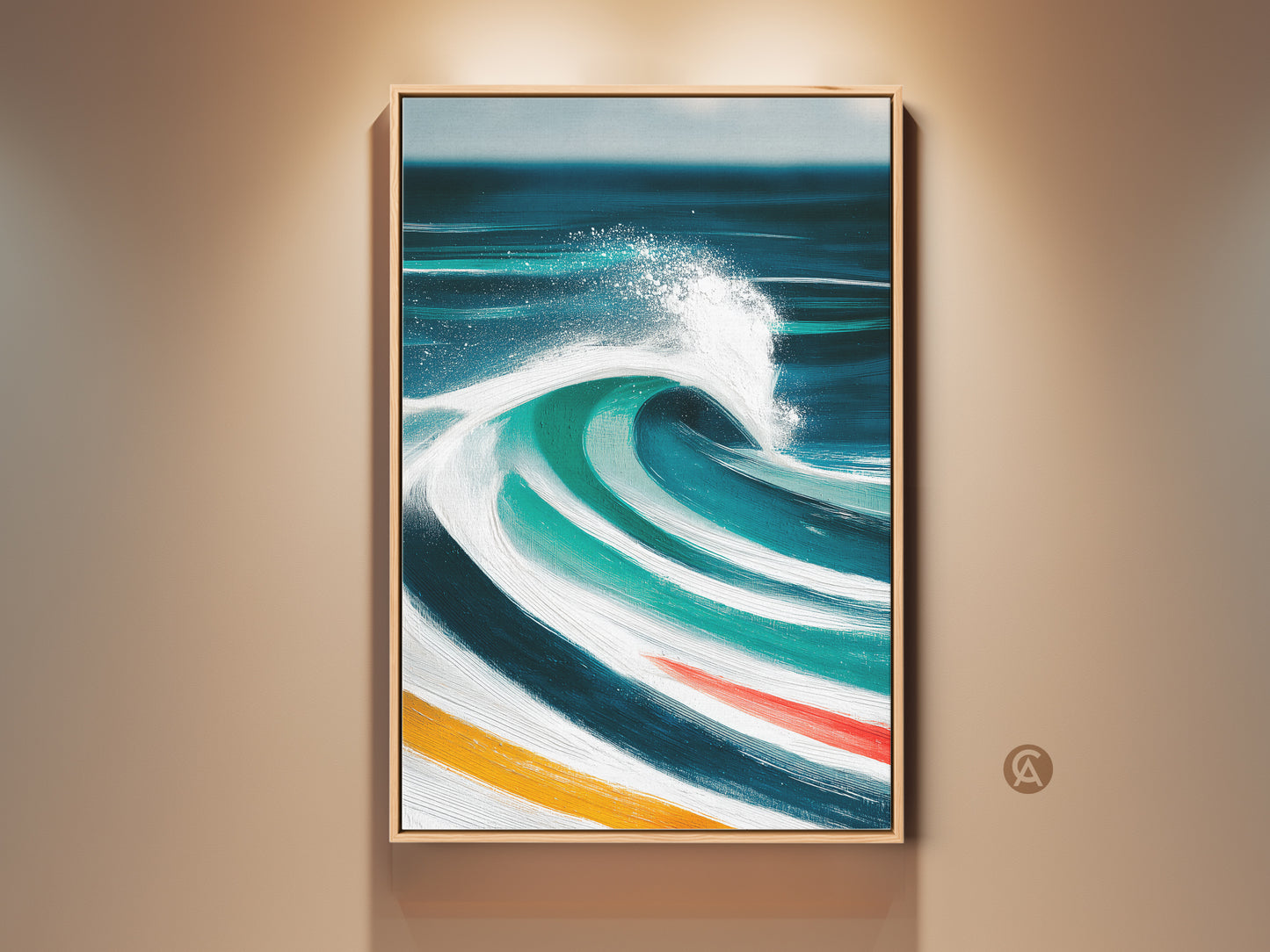 Framed coastal artwork showcases an abstract ocean wave. Deep blue teal turquoise hues with white splashes capture the sea's energy. This modern canvas art is perfect for beach house wall decor or as a serene bedroom accent. It makes a thoughtful housewarming gift for ocean lovers.