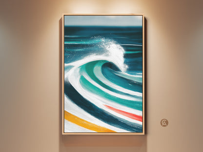 Framed coastal artwork showcases an abstract ocean wave. Deep blue teal turquoise hues with white splashes capture the sea's energy. This modern canvas art is perfect for beach house wall decor or as a serene bedroom accent. It makes a thoughtful housewarming gift for ocean lovers.