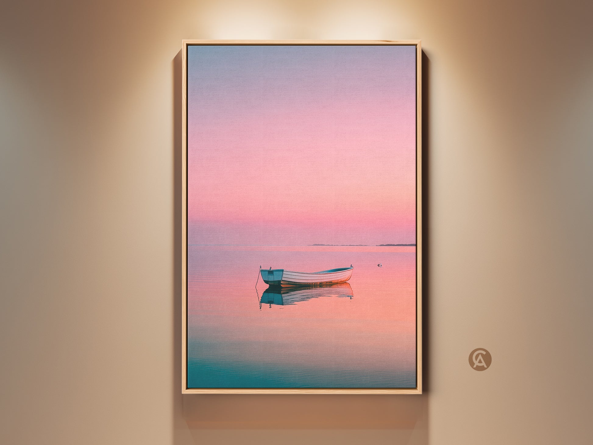 Framed boat artwork on a wall. The artwork features a pastel sunset and a boat in the water. Soft lighting highlights the piece. Perfect wall art for a calming atmosphere. Shop framed canvas art now.