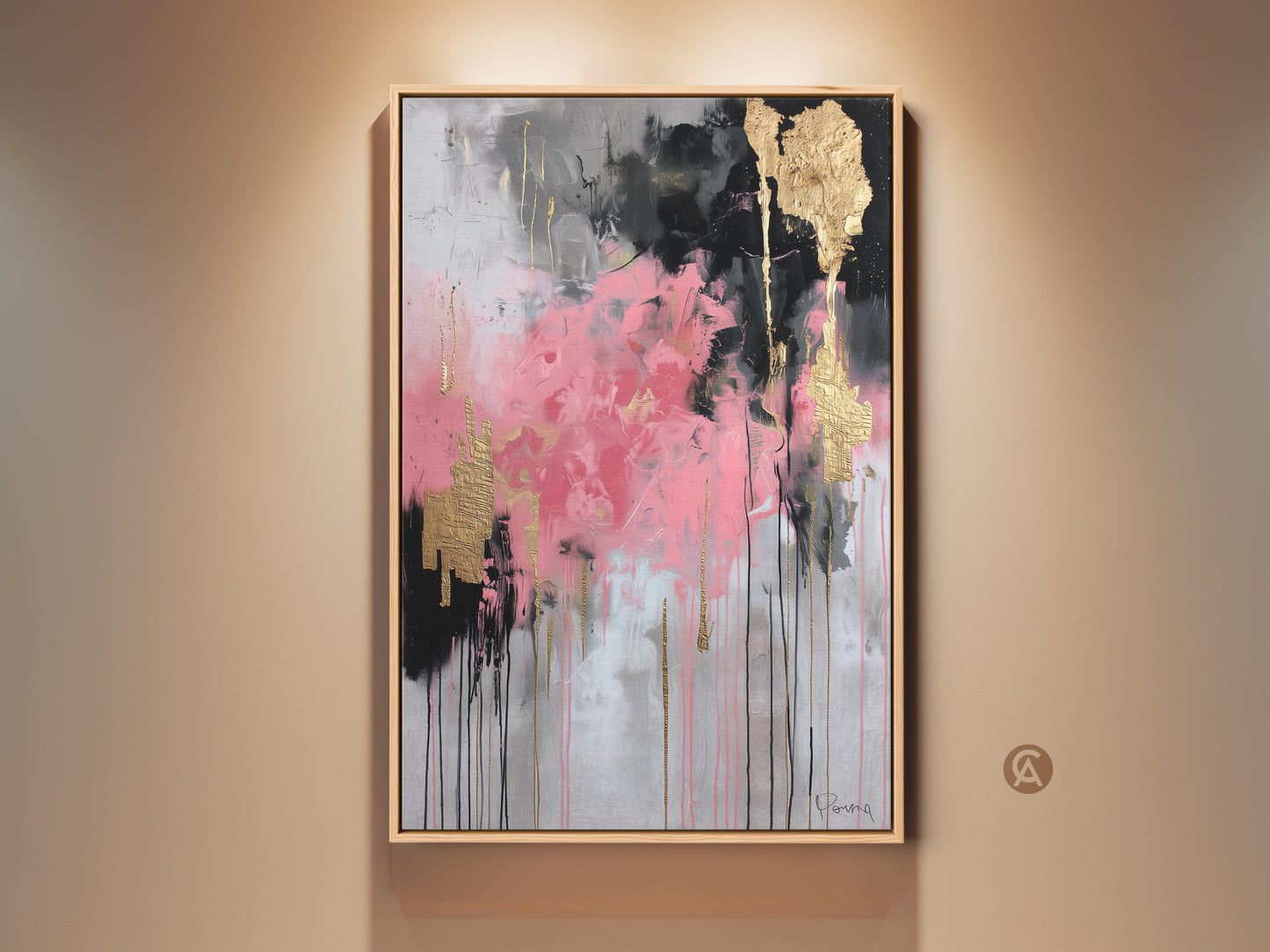 Modern abstract canvas art in pink black and gold leaf. This contemporary textured painting adds a sophisticated touch to any home office. The eclectic style art print is perfect as a housewarming gift or for art lovers. It features an abstract color splash and dynamic brushstrokes. Bring luxury and chic style to your walls with this unique artwork.