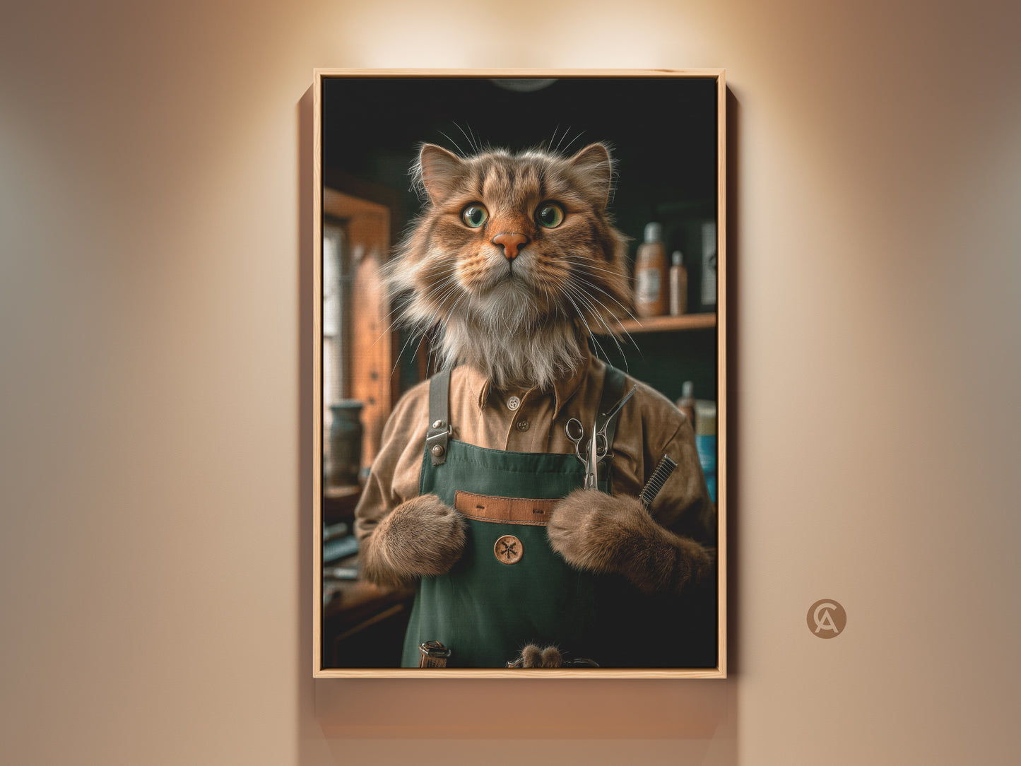 A framed digital artwork print. It features a funny Cat Barber. The cat is dressed as a groomer with scissors. This eclectic home decor adds humor to any room. A perfect gift for cat parents and pet lovers.