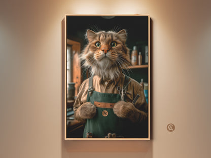 A framed digital artwork print. It features a funny Cat Barber. The cat is dressed as a groomer with scissors. This eclectic home decor adds humor to any room. A perfect gift for cat parents and pet lovers.