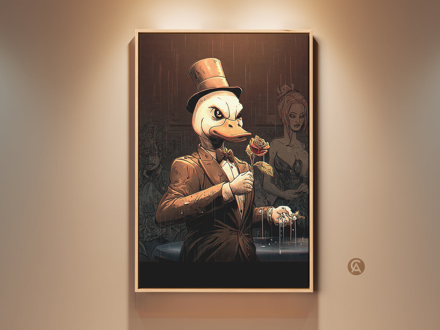 This is a surreal duck man art print. The artwork features a dapper duck in a top hat and suit. He holds a rose in this tan orange and brown art piece. It's eclectic office wall decor and a unique gift for a collector.