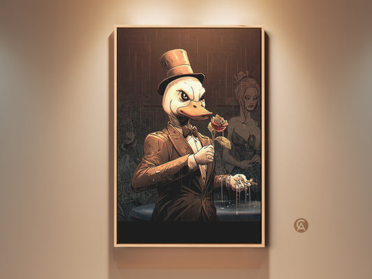 This is a surreal duck man art print. The artwork features a dapper duck in a top hat and suit. He holds a rose in this tan orange and brown art piece. It's eclectic office wall decor and a unique gift for a collector.