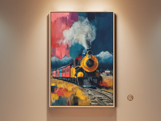 Framed vintage steam train art print. This colorful mountain landscape artwork features a classic locomotive wall decor. The railway transportation art adds an eclectic touch to any room. The vibrant red and yellow hues capture the dynamic scene of a train journey.