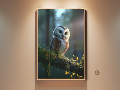 Wildlife Owl Canvas Print for rustic home decor. This nature animal art features a brown and white owl perched on a mossy branch. It is a cozy forest photography artwork. A perfect home decor gift for animal lovers who enjoy woodland creature prints.