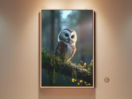 Wildlife Owl Canvas Print for rustic home decor. This nature animal art features a brown and white owl perched on a mossy branch. It is a cozy forest photography artwork. A perfect home decor gift for animal lovers who enjoy woodland creature prints.