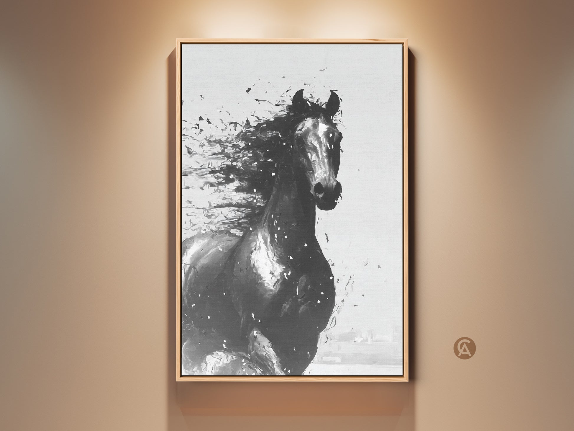 Framed abstract horse canvas art in black and white. Contemporary equine artwork for modern home decor. Perfect gift for horse lovers. Enhance your living space with this elegant animal wall art.