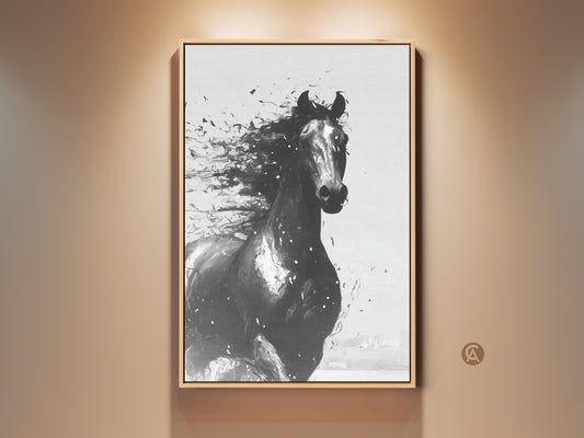 Framed abstract horse canvas art in black and white. Contemporary equine artwork for modern home decor. Perfect gift for horse lovers. Enhance your living space with this elegant animal wall art.