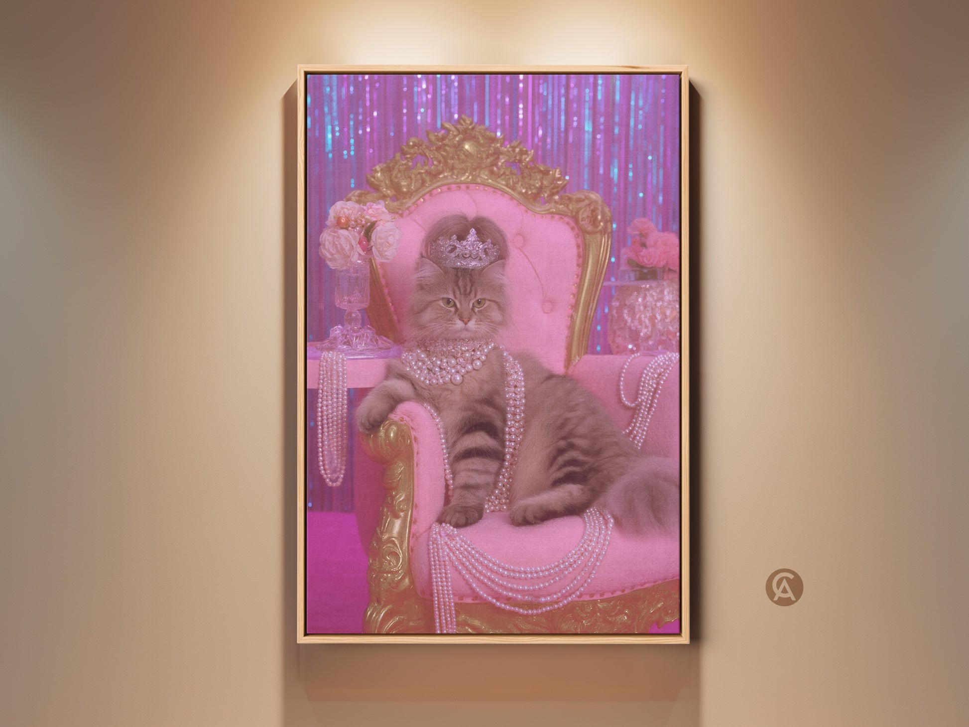 Glamour Kitty Wall Decor featuring a pink gold crowned cat. This luxury animal artwork shows a cat regally seated on a pink throne. The feline wears pearls adding opulence. A perfect cat mom gift for eclectic bedroom decor. This unique pet portrait adds a royal touch. Shop now for chic cat wall art.