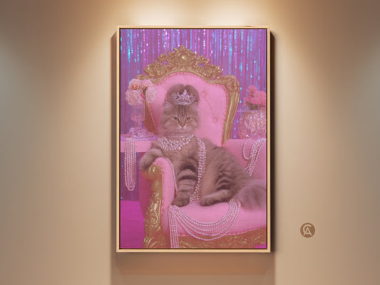 Glamour Kitty Wall Decor featuring a pink gold crowned cat. This luxury animal artwork shows a cat regally seated on a pink throne. The feline wears pearls adding opulence. A perfect cat mom gift for eclectic bedroom decor. This unique pet portrait adds a royal touch. Shop now for chic cat wall art.