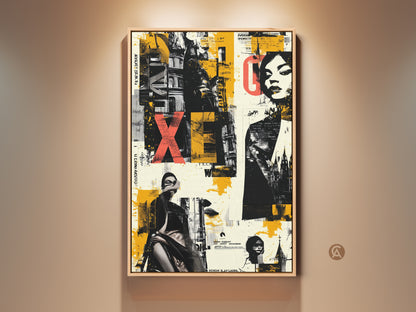 Framed Graffiti Woman Face Canvas Print. This urban collage art features yellow black eclectic colors. A modern office decor piece adds an edgy touch. It's a unique wall hanging for contemporary homes or offices.