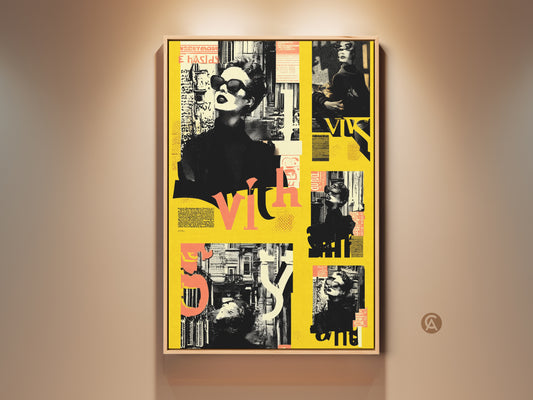 Elevate your space with this retro pop art woman canvas print. The black and yellow collage art brings an eclectic fashion vibe to any room. This vintage style bedroom art is a unique wall decor piece. It’s a stylish statement for your home.