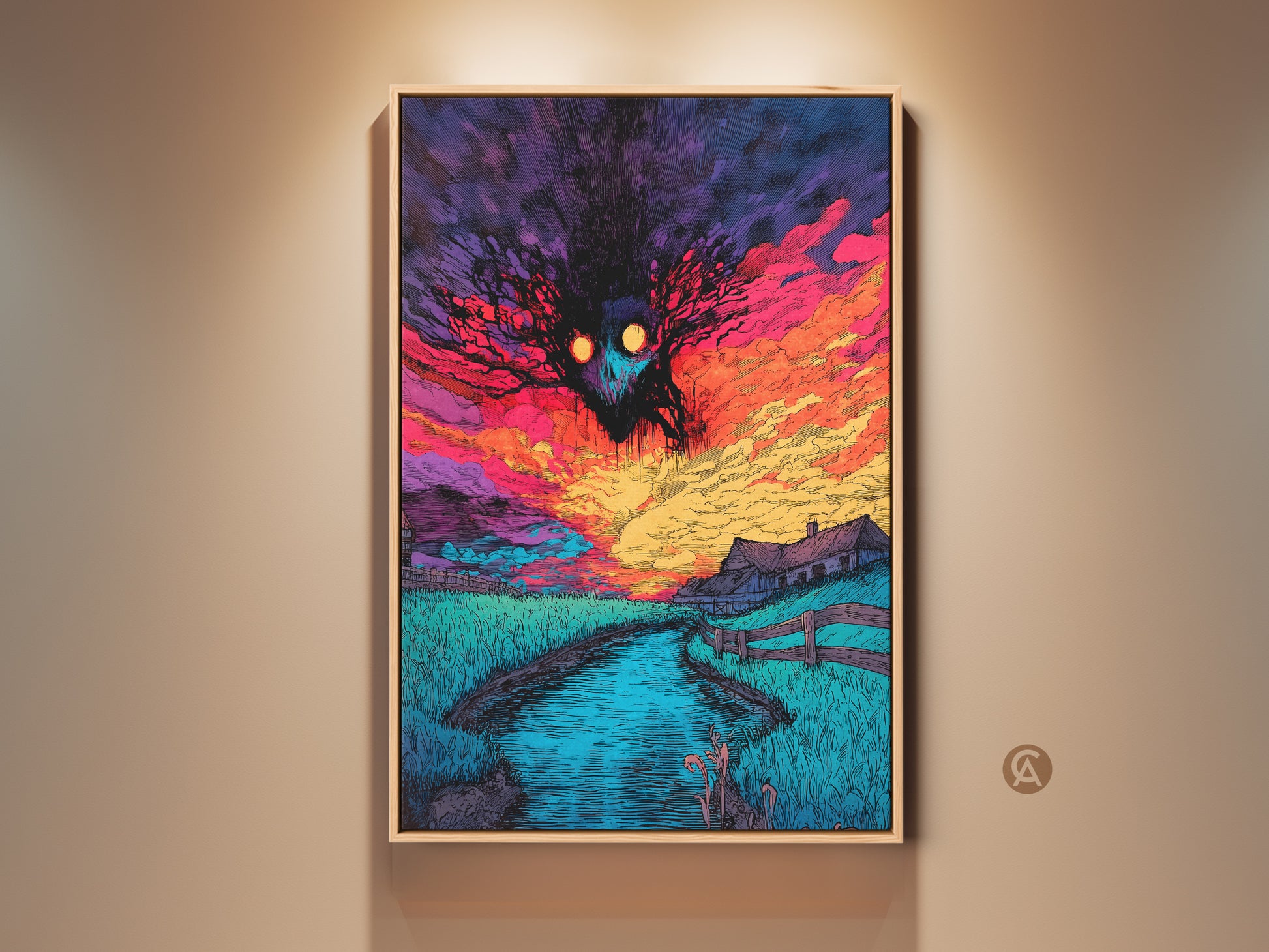 Eye-Catching artwork of a spooky monster hovering over a farm landscape at sunset. The sky is filled with vibrant colors. The artwork is framed and displayed on a neutral wall. Shop Now!