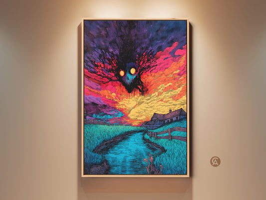 Eye-Catching artwork of a spooky monster hovering over a farm landscape at sunset. The sky is filled with vibrant colors. The artwork is framed and displayed on a neutral wall. Shop Now!