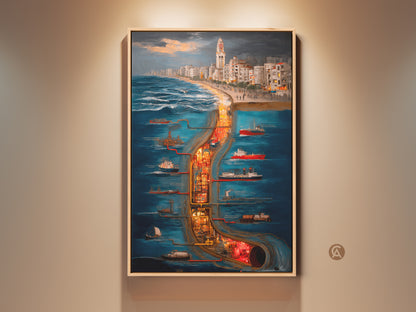 Detailed illustration art print showcases a surreal cityscape maritime industrial scene. The artwork features deep blue orange and yellow tones perfect as wall decor. It is a unique piece for travel enthusiasts looking for eclectic home decor or unique office art. This coastal cityscape art captures a ship and city skyline in an artistic urban scene.