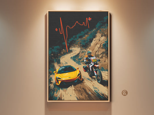 Experience the thrill of motorsport with this canvas print. A vibrant yellow sports car leads a motorcycle rider in an abstract race scene. This contemporary artwork is perfect for office wall decor or as a unique gift for F1 fans. The dynamic scene captures adventure and high-speed excitement. Add a touch of energy to any space with this eye-catching piece.