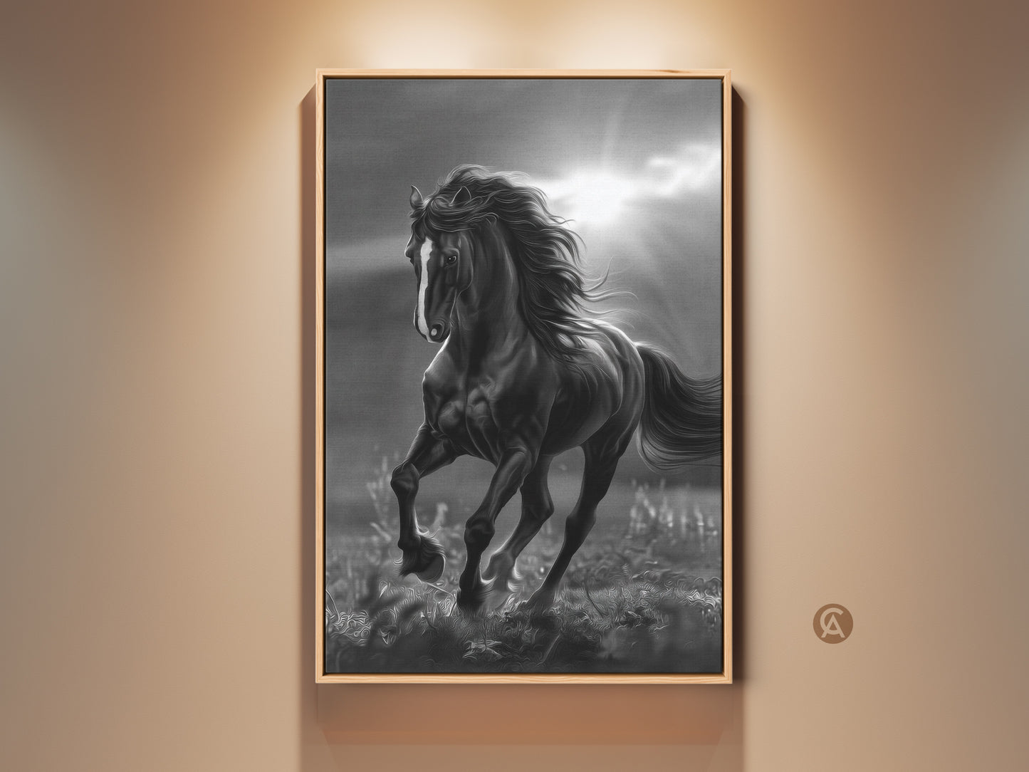 Framed black and white horse art. The horse is running in a field with sun rays in the background. This equine art is displayed in a light wood frame. Fine art adds sophistication to any room.