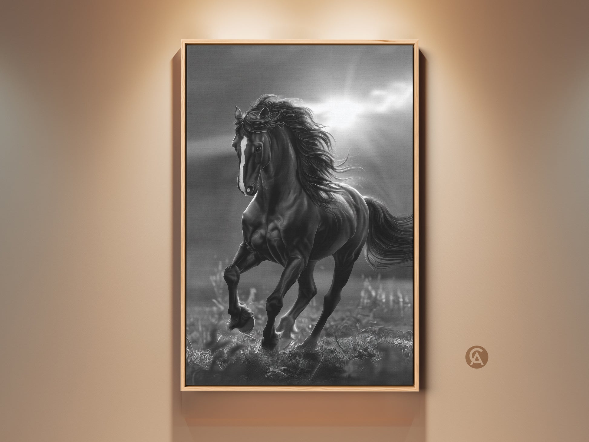 Framed black and white horse art. The horse is running in a field with sun rays in the background. This equine art is displayed in a light wood frame. Fine art adds sophistication to any room.