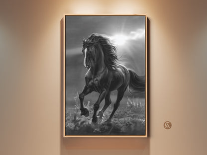 Framed black and white horse art. The horse is running in a field with sun rays in the background. This equine art is displayed in a light wood frame. Fine art adds sophistication to any room.
