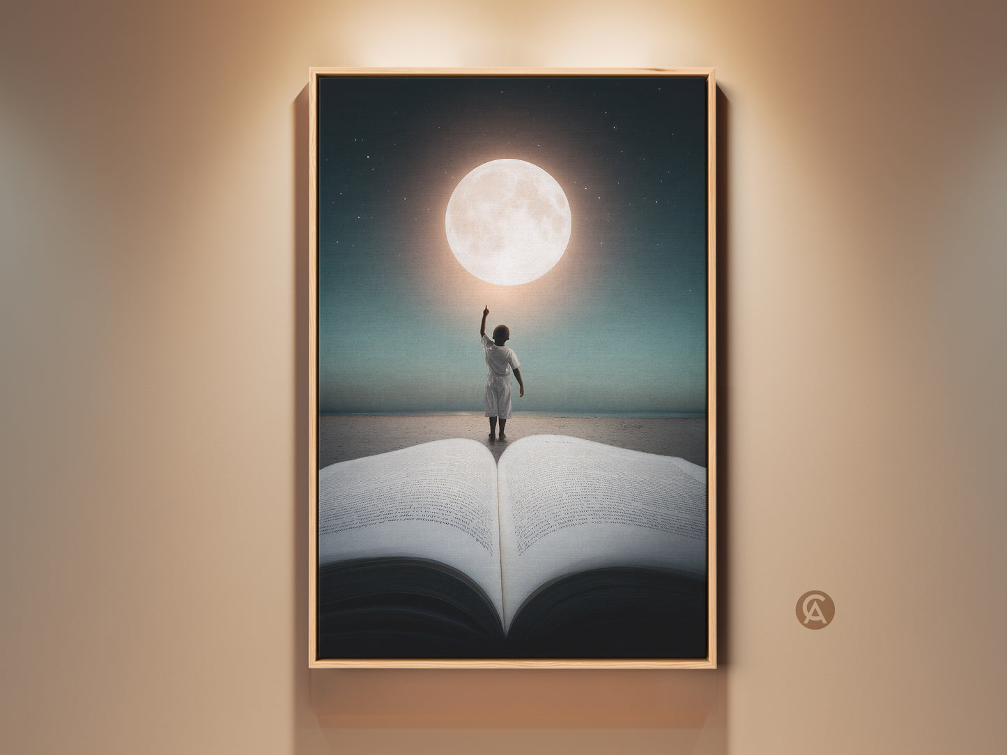 Framed dreamy wall art features a child reaching for the moon. This canvas art print adds wonder to any room. The deep blue teal and gold colors create a magical realism aesthetic perfect as bookworm gift art.