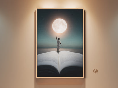Framed dreamy wall art features a child reaching for the moon. This canvas art print adds wonder to any room. The deep blue teal and gold colors create a magical realism aesthetic perfect as bookworm gift art.