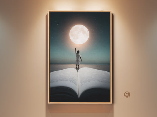 Framed dreamy wall art features a child reaching for the moon. This canvas art print adds wonder to any room. The deep blue teal and gold colors create a magical realism aesthetic perfect as bookworm gift art.