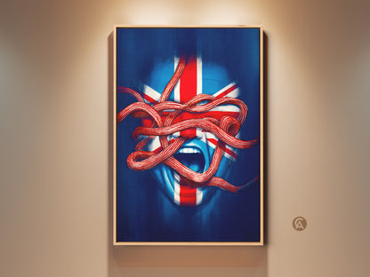 Union Jack abstract face art displayed in a room. The blue red white wall decor enhances an eclectic study room. This surreal canvas print makes a patriotic British gift. Perfect bold statement wall art for a home or office.